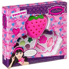 Набор детской декорат. косметики Bondibon Eva Moda, BOX 25х23х4,7 см, косметичка-ягодка 2-уровневая с тенями для век с блёстками (7 оттенков; 4,2г), аппликатором, блеском для губ (0,6г), помадами (2 цвета; 1,6г) и лаком для ногтей (7,8г), арт.10456F3.